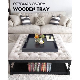 OurMiao 20 Inches Square Wooden Ottoman Tray Black, Large Wood Serving Tray with Handles for Living Room, Serving Food Breakfast, Ottoman Coffee Table Couch Sofa Kitchen