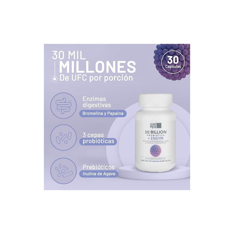 Probiótico 30 Billones + Enzimas digestivas - 30 Cápsulas