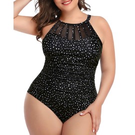 Aqua Eve Plus Size Women One Piece Swimsuit Tummy Control Bathing Suit High Neck Swimwear Black Dot 18W