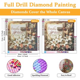 Diamond Art Kits for Adults Religious Cross, DIY 5D Diamond Painting Kit for Beginners Lily Flower, Jesus Full Round Drill Gem Art Dots for Adults, Perfect for Home Wall Decor 14X14 Inch