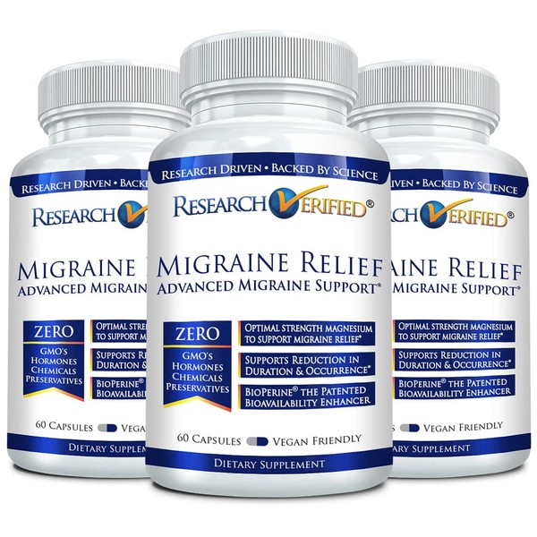 Research Verified Migraine Relief - Dual Action Supplement - Reduce Severity and Duration, Balance Hormones - with Ginger and Ginko Biloba - 60 Capsules Per Bottle - 3 Month Supply