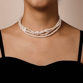 Pearl Choker Necklace for Women Layered Pearl Beaded Necklace Vintage Multilayer Pearl Necklace Wedding Party Prom Choker Necklace (A1)
