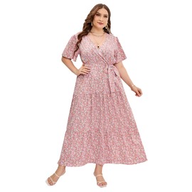 KOJOOIN Women Plus Size V Neck Wrap Maxi Dress High Waist Ruffle Summer Casual Dress with Belt Short Sleeve Pink Yellow Flower 2XL