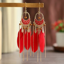 QLUYCKW Faux Feather Earrings Bohemian Handmade Colorful Long Feather Wood Bead Vintage Tassel Drop Dangle Earrings with Dream Catcher Design for Women (Red)
