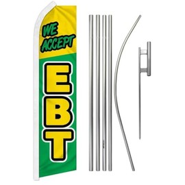 Alternative Novelties We Accept EBT Green & Yellow 2.5'x11.5' Super Knit Polyester Advertising Super Swooper Flag With Pole Kit