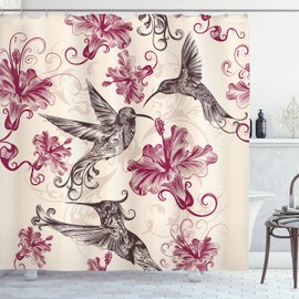 Ambesonne Colibríes Cortina de Baño, Las Flores de Los Remolinos de la Vendimia, Paño Conjunto de Decoración de Baño de Tela y Ganchos, 84" Extra Alta, Crema Negro Marrón