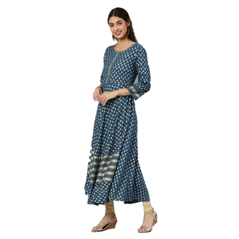 Yash Gallery Rayón Buta Print Anarkali Kurta para mujer, Azul,