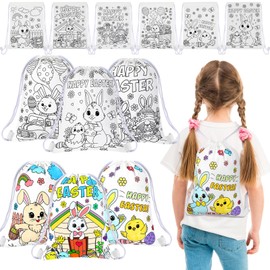 Dansydaisy 12 Pcs Color Your Own Easter Canvas Drawstring Bags Coloring Happy Easter Egg Bunny Chick Crafts Gift Bags for Candy Treat Goodies Bulk Party Favors