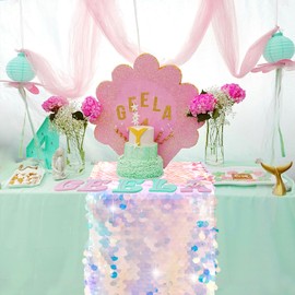 Yblut 1 Pack Mermaid Party Table Runner 12 x 84 Inches Mermaid Tail Scales Sequin Table Runner Glitter Holographic Table Cover for Birthday Party Ocean Decorations