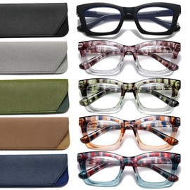 Hubeye 5 Pairs Oprah Style Square Reading Glasses for Women Men Blue Light Blocking Computer Readers with leather case +1.0