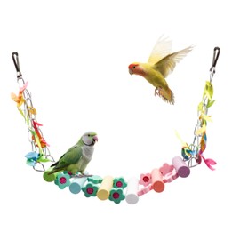 Colorful Wooden Bridge Bird Swing – Hammock-Style Swing Toy with Painted Rungs, Floral Accents & Metal Hooks for Budgies, Cockatiels & Small to Medium Birds