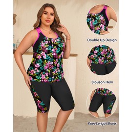 Daci - Traje de baño tankini para mujer, talla grande, control de abdomen, 2 piezas, traje de baño con cintura alta, pantalones cortos capris 2025, Diseño floral colorido, 14 Plus
