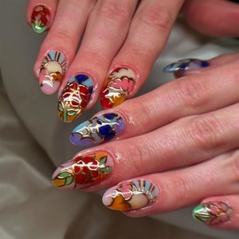 UEYRSEDB Colorful Press on Nails Medium Almond with Colorful Flower Sun Cloud Design Full Cover Glue on False Nail Gothic Colourful Flowers Artificial Stick on Nail for Women Girls 24Pcs