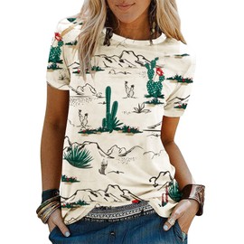 Cactus Shirts for Women Desert Mountain Graphic Tees Casual Vintage Short Sleeve Tops