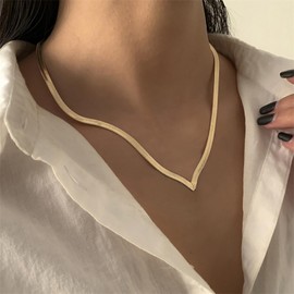 TseenYi Herringbone Chain Necklace Flat Snake Chain V Shape Necklace Gold Flat Herringbone Chain Necklace Vintage Snake Flat Chain Choker Necklace Jewellery for Women and Girls, Zinc
