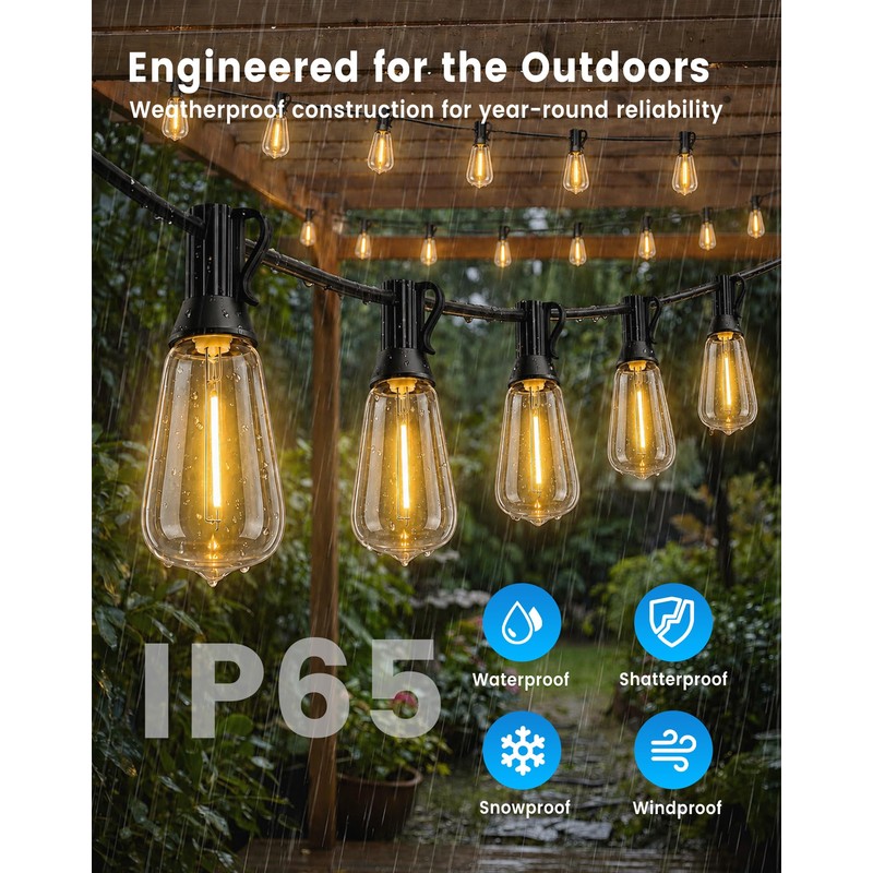TONGZESS 60FT(50+10) String Lights Outdoor, 2FT Bulb Spacing, Waterproof Shatterproof