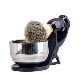 Grandslam Shaving Brush Kit for Men, 3 in 1 Shaving Set Includes Shaving Brush, Stainless Steel Shaving Bowl and Razor & Brush Holder, Black Set