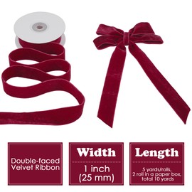 HUIHUANG Burgundy Velvet Ribbon 1 inch Double Face Thick Velvet Ribbon Wine Red Ribbon for Gift Wrapping, Christmas Tree Ornaments, Wreath Decor, Bows, Crafts, Wedding Decor- 10 Yards