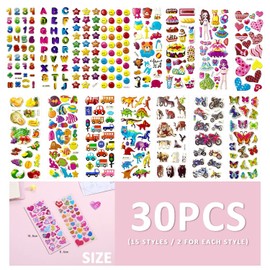 30 Sheets 3D Stickers for Kids Party Reward Gifts Scrapbooking Including Animals, Fish, Dinosaur, Numbers, Fruits, Butterfly