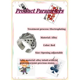 GAUEIOUR Poker Card Ring,Premium Alloy Playing Card Ring, Open Adjustable Design, Hip Hop Punk Gothic Style, Vintage Thread, Lucky Flush Ring, Set with Red Diamonds, Unisex.