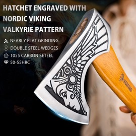NedFoss 13" Viking Axe with Valkyrie Pattern, Bearded Axe High Carbon 1055 Steel and Leather Sheath, Beech Wood Handle for Soldier Warrior, Viking Hatchet ,Wall Hanging Axe, Viking Axe Gifts for Women