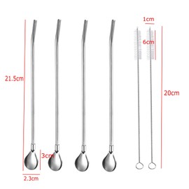 JZK 4 X Silver Stainless Steel Drinking Straw Spoon Reusable Metal Straw Spoon 2 in 1 with 2 Cleaning Brushes for Smoothies Milkshakes Coffee Cocktail