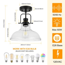 WILON Semi Flush Mount Ceiling Light Fixture, Black Farmhouse Light Fixtures with Clear Glass Shade, Modern Vintage Ceiling Lamp for Kitchen Sink Foyer Bathroom Entryway Hall Laundry Room Hallway