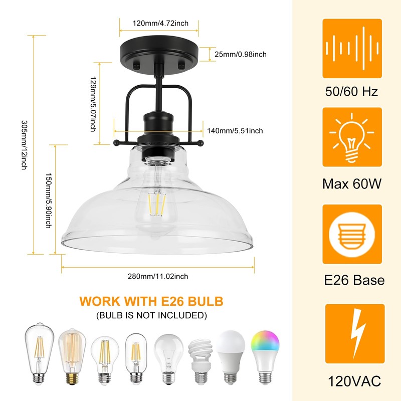 WILON Semi Flush Mount Ceiling Light Fixture, Black Farmhouse Light