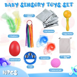 11 Pcs Baby Sensory Toys Include Dance Scarves, Foil Blanket, Feather, Ribbon, Maraca, Bell, Egg Shaker, Textured Ball and Storage Bag for Baby Gifts Party Activity Children Movement Play Supplies