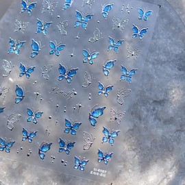 5D Embossed Butterfly Nail Stickers for Art Nail Blue Butterfly Nail Art Stickers Self-Adhesive Silver Butterflies Star Design Manicure Decorations Spring Summer Nail Decals for Women Acrylic Nails