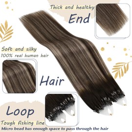 Ugeat Real Hair Extensions, Bonded Micro Ring, Microlink Extensions, Balayage 4/18/4 Dark Brown Ombre Ash Blonde, 55 cm, 50 g, 50 Strands