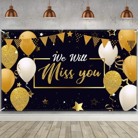 We Will Miss You Party Decorations, Extra Large Going Away Backdrop Miss You Photography Background Banner for Farewell Anniversary Retirement Graduation Party, 72.8 x 43.3 Inch(Black, Gold)