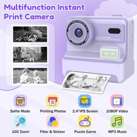 Children's Instant Camera, 2.4 Inch Screen, Children's Camera, Instant Camera with 32G Card, Printing Paper & Coloured Pens, 1080P Camera Children Instant Print, 3-12 Years