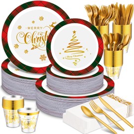 Layhit 350 Pcs Christmas Plastic Plates Set Disposable Christmas Plastic Dinnerware for 50 Guests Disposable Xmas Plates Napkins Cups Silverware for Holiday Party Supplies(Red Green)