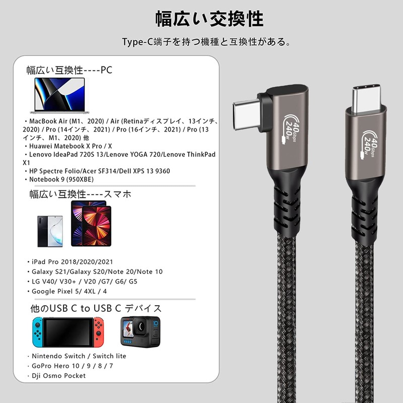 Thunderbolt 4 Cable (0.5m, L-Shape, Gun) Popolier USB4 Support [240W
