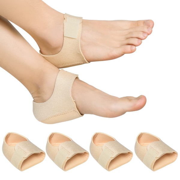 Heel Protectors, Heel Cups for Heel Pain, (4PCS Beige) Adjustable Breathable Heel Support, Heel Cushion, Heel Cups for Plantar Fasciitis, Tendinitis, Heel Spur, Aching Feet Relieve, for Women