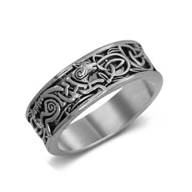 Wolf Ring for Men, Retro Wolf Totem Rings, Cross Line Ring, Norse Viking Wolf Ring, Wolf Signet Rings, Amulet Ring, Punk Ring, Animal Ring Wolf Jewelry for Men Boys (S)