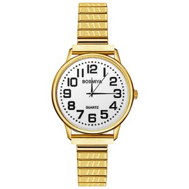 Oidea Women's Easy Reader Watch: White Big Face Clear Number Elastic Strap Analog Quartz Wrist Watches for Women Waterproof Ladies Wristwatch Gold Expansion Band