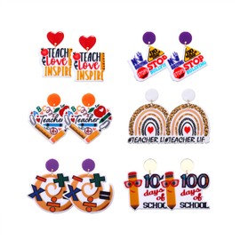 6 Pairs Acrylic Rainbow Pencil Book Drop Dangle Earrings - Colorful Math Teacher Jewelry for Back to School and Appreciation Gifts