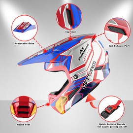 1Storm Youth Motocross Helmet ATV BMX MX Dirt Bike Go Kart Skate Kids Helmet Multi Sports Teenager Zaku Mecha Blue + Goggles + Gloves Bundle