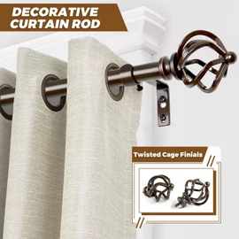 KAMANINA Bronze Curtain Rod 32 to 58 Inch(2.6-4.8ft), Adjustable Curtain Rods for Windows 28 to 48 Inch, 3/4 Inch Splicing Drapery Rods with Twisted Cage Finial