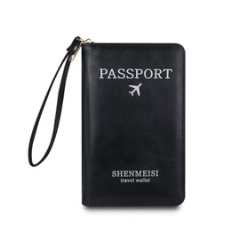 MultiValue RFID Passport Holder for Travel, Wristband Premium PU Leather Passport Wallet Large Capacity Waterproof Passport Book with Card Holder for Women Men (Black)