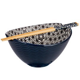 Signature Housewares Pad Print Blue/Black Ceramic Oval Noodle Bowl with Chopsticks Large