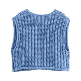Chevara Women’s Chunky Cropped Sweater Vest Cute Sleeveless Crewneck Button Down Crop Knit Cardigan with Pocket(0112-Blue-M-CW)