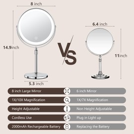 UBYMET Lighted Makeup Mirror, Rechargeable Height Adjustable Double Sided, 1x/10x Magnifying with 3 Color, Brightness Adjustable, 360° Rotation Vanity, Gift for Women