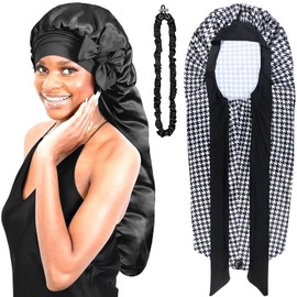 Babalet 2PCS Long Satin Bonnet for Sleeping Braid Bonnet Foldable Silk Bonnet with Elastic Tie Band for Black Women Long Curly Locs Braids with Adjustable Silk Hair Ties