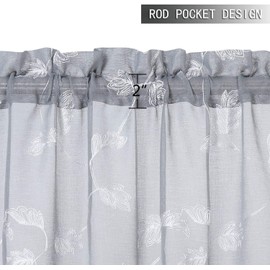 LinTimes Curtain Pane Curtain with Embroidery, Leaf Pattern, Short Curtain Small Window, Half Voile Curtains for Kitchen, Bathroom, 132 x 37 cm (52 x 15 Inch) – Grey