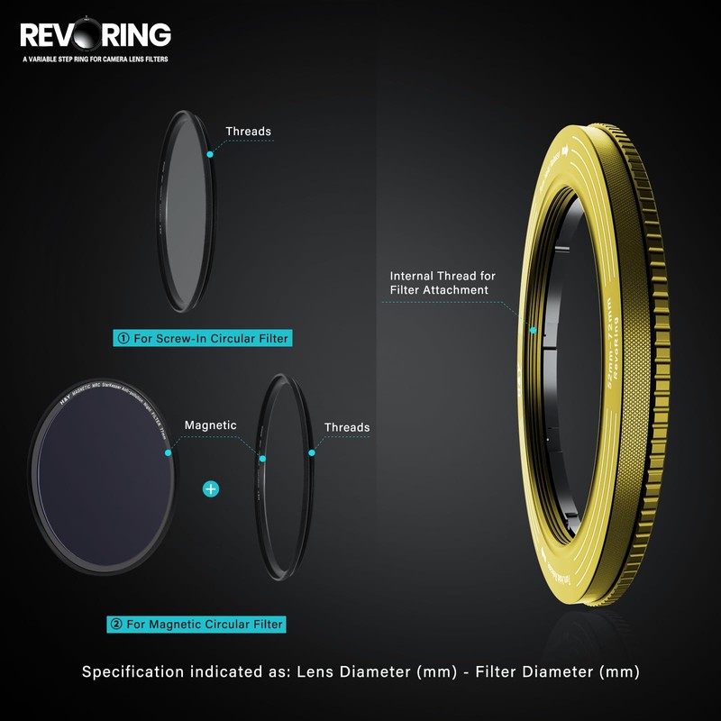 H&Y RevoRing Adjustable Step Up Ring 52-72mm to 77mm, Variable