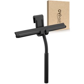 ovimar Naeroya Shower Squeegee, No Drilling, Stainless Steel, Black, Replaceable Squeegee Lip, 26.4 cm Wide, for Cleaning the Shower Screen or Windows, with Flexible Rubber Holder