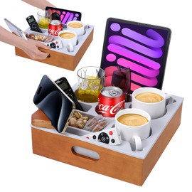 Couch Cup Holder, Couch Caddy with Rotatable Phone Holder, Wooden Sofa Cup Holder with Carrying Handle for Bed Car Beach Organizer, Anti-Spill Sofa Cup Holder for Snacks Beverage Remote (Brown)
